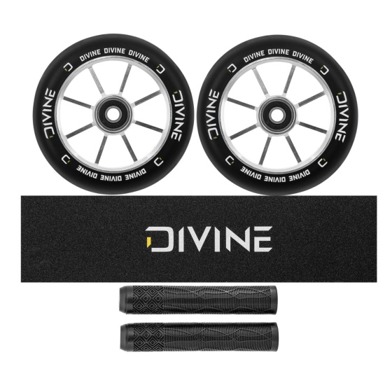Set of 2 Divine 120 mm Spoked Wheels Silver + Divine Griptape + Divine Grips