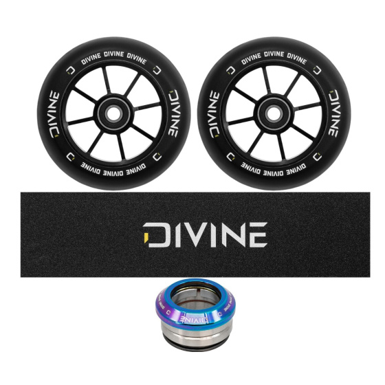 Set of 2 Divine 120 mm Spoked black wheels + Divine griptape + Divine headset