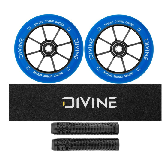 Set of 2 Divine 110 mm Spoked blue wheels + Divine griptape + Divine grips