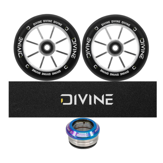 Set of 2 Divine 120 mm Spoked Wheels Silver + Divine Griptape + Divine Headset
